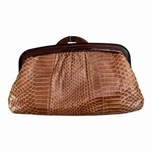 Vintage Snakeskin Frame Clutch Taupe Brown Tortoiseshell Kiss Lock Chain